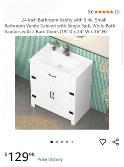 24 Inch Bathroom Vanity with Sink, Small Bathroom Vanity Cabinet with Single Sink, White Bath Vanities with 2 Barn Doors (19" D x24" W + 36" H)
