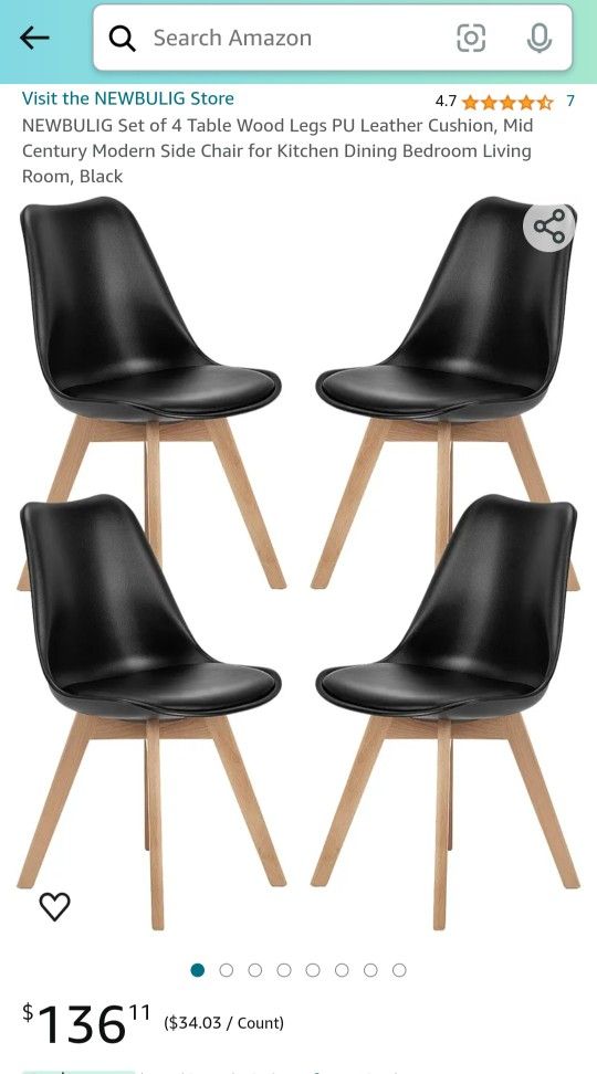 NEWBULIG Set of 4 Table Wood Legs PU Leather Cushion, Mid Century Modern Side Chair for Kitchen Dining Bedroom Living Room, Black
