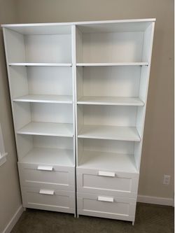 2 ikea brimnes bookcases with bottom drawers