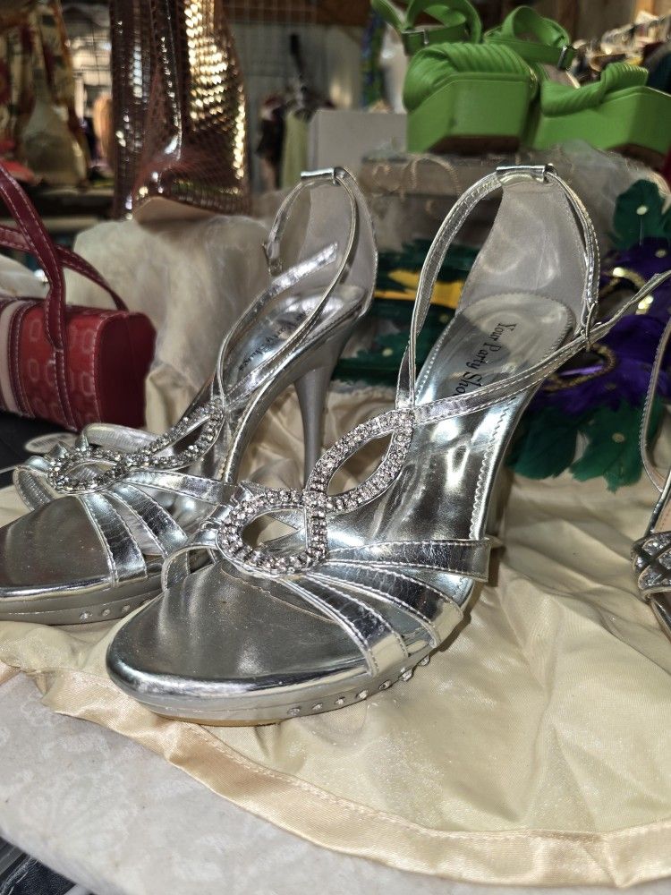 Your Party Shoes Brand Jeweled Silver Heels Strappy Sandals Platform
