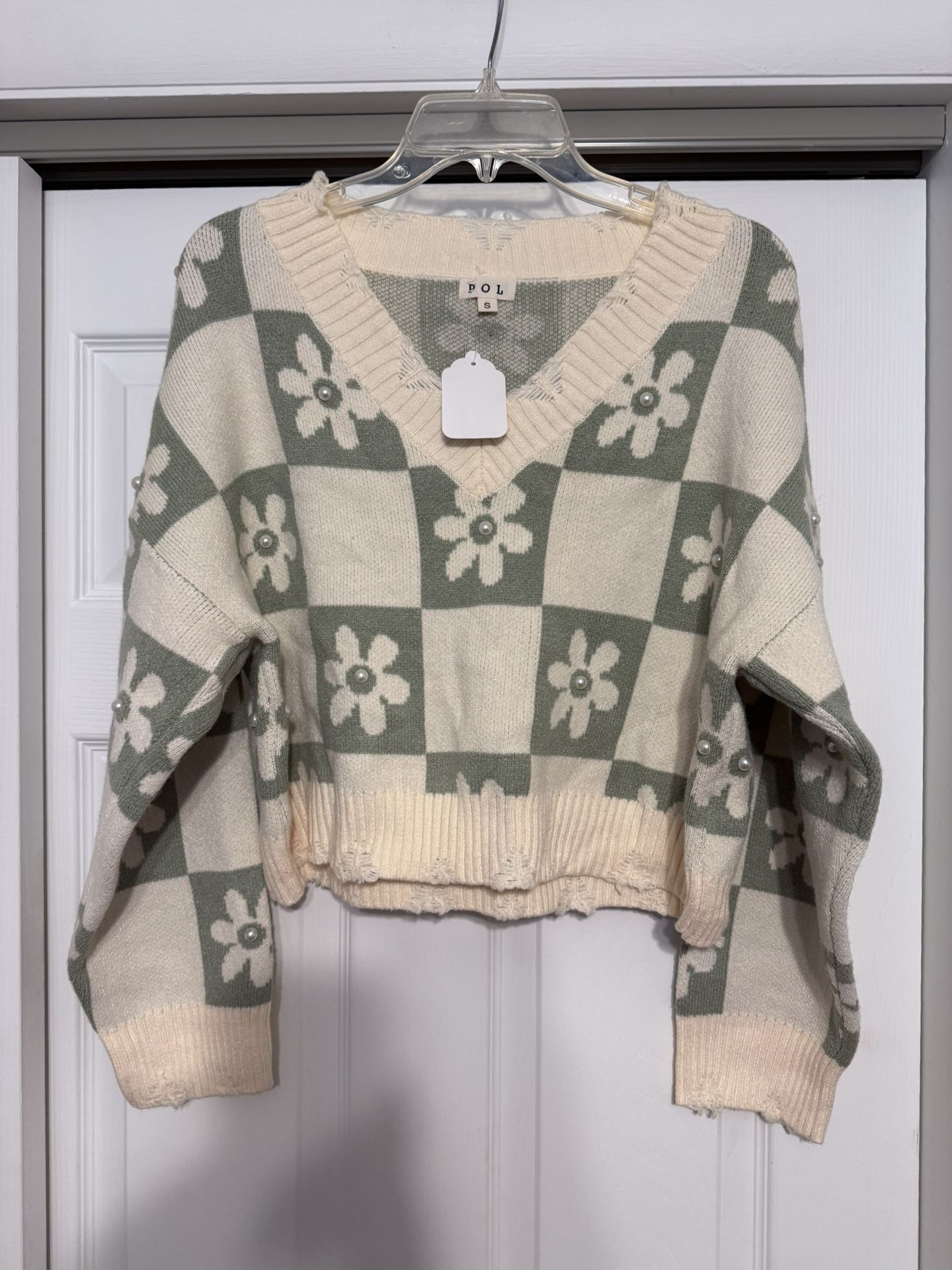 Brand New POL Daisy Pearl Beaded Sage & Ivory Distressed Sweater - Size Small