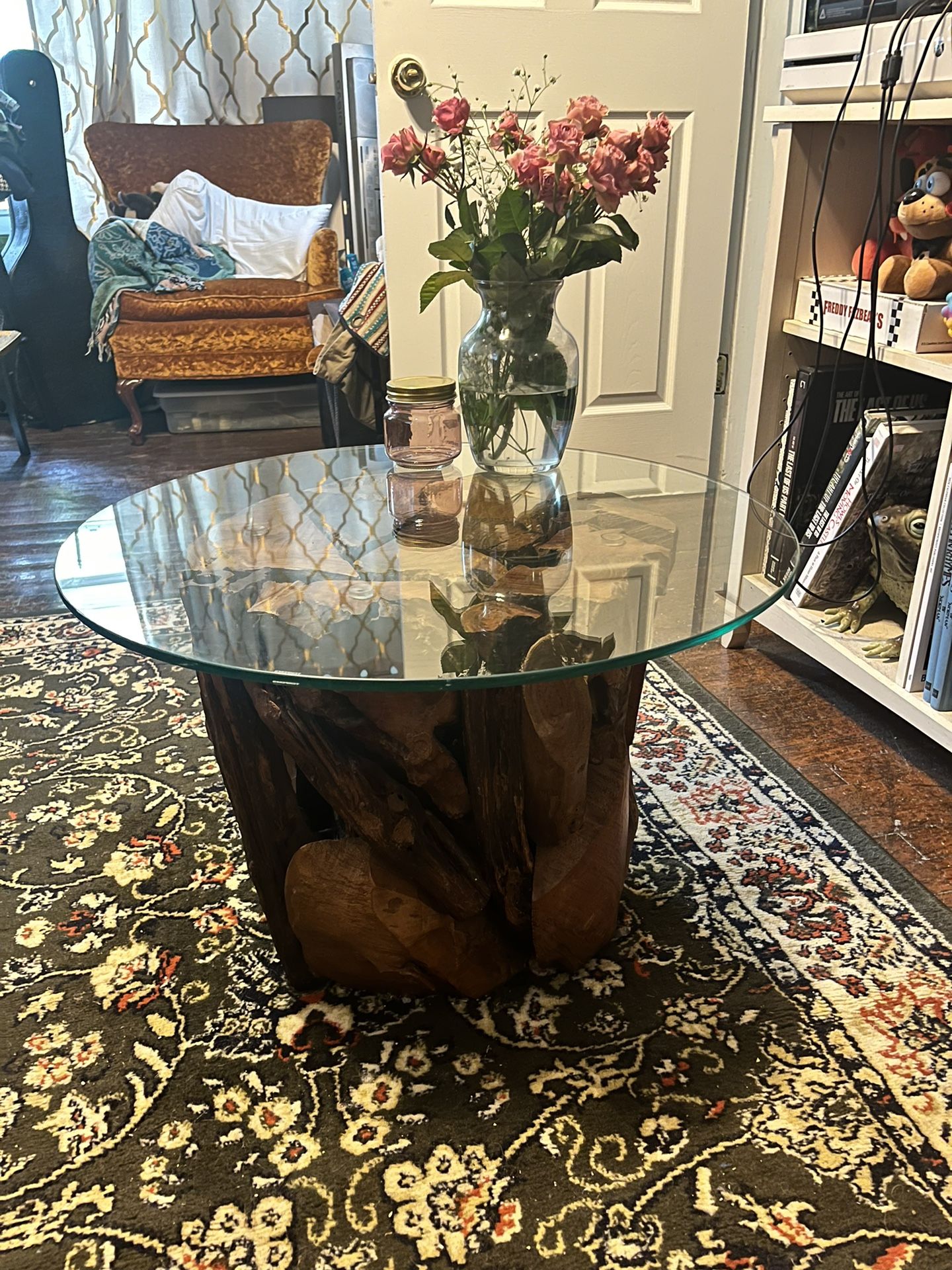Live Edge Teak Wood & Glass Coffee Table – Rustic, Modern, Unique
