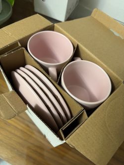 IKEA Pink Ceramic Mugs and Saucers Set