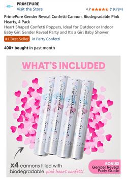 Gender Reveal Confetti Cannon, Biodegradable Pink Hearts, 4 Pack Heart Shaped Confetti