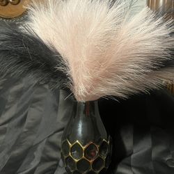 Black Vase With Pink And Black Feathers 