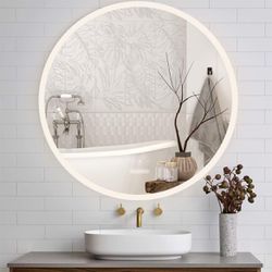 Movo 24 Inch Round LED Bathroom Mirror with Lights,Acrylic Dimmable Backlit Mirror, Wall-Mounted Lighted Bathroom Vanity Mirror with Anti-Fog, Memory,