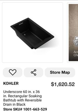50% OFF - KOHLER Underscore 60"x36" Rectangular Soaking Bathtub Black Reversible Drain