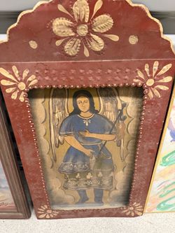 Mexican Folk Art Tin Nicho with Angel Painting