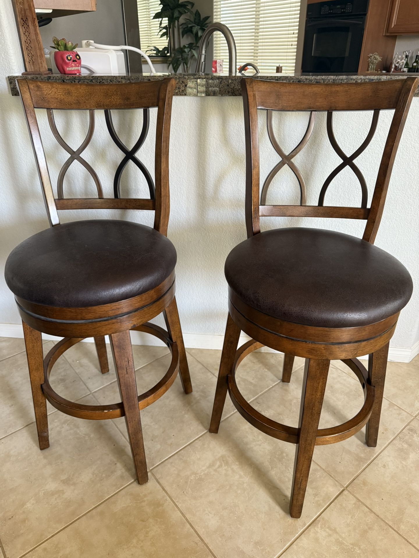 Hardwood Brown Leather Swivel Barstools
