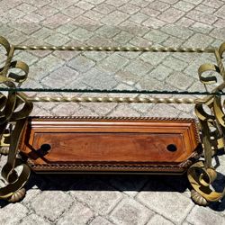 ⭕️ Heavy Ornate Glass Console Table – Wrought Iron & Wood Base