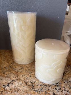 Pottery Barn NWT Pair Of Ivory Hand Carved Pillar Candles 