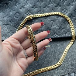 New 18k Yellow Gold Filled Cuban Link Chain And Bracelet Set 