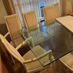 Glass dining table with 8 chairs (2 armchairs) w/felt made for this table protector and chair covers