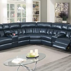 Brand New Navy Blue Leather Power Reclining Sectional Sofa 