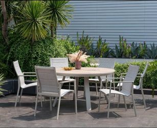 BRAND NEW 7PC Round Patio Dining Set – Aluminum Table & Chairs (Beige) | Modern Outdoor Furniture | Heavy Duty Commercial Grade