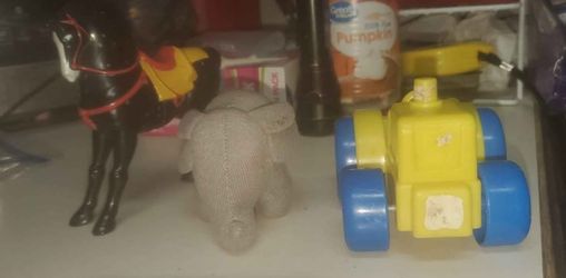 3 Piece Toy Lot - Black Horse-Mini Stuff Animal And A Plastic Yellow Tractor 