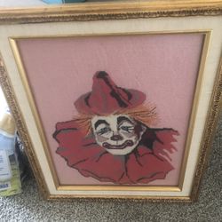 Vintage Cross Stitch Clown Picture Mid Century Framed