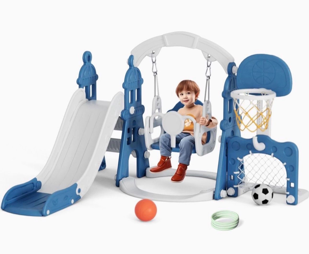 XJD 6-in-1 Toddler Slide and Swing Set, Kids Slide for Toddlers Age 1+, Toddler Outdoor Playset with Basketball Hoop, Football Frame, Swing, Outdoor I