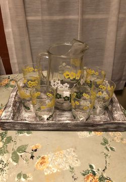 Vintage glass pitcher ,with 6 glasses & wood tray