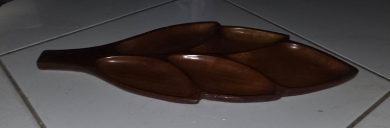 Vintage carved hardwood leaf divided serving tray, 19 inch long, 9 inch wide, 5 separate compartments, polished finish