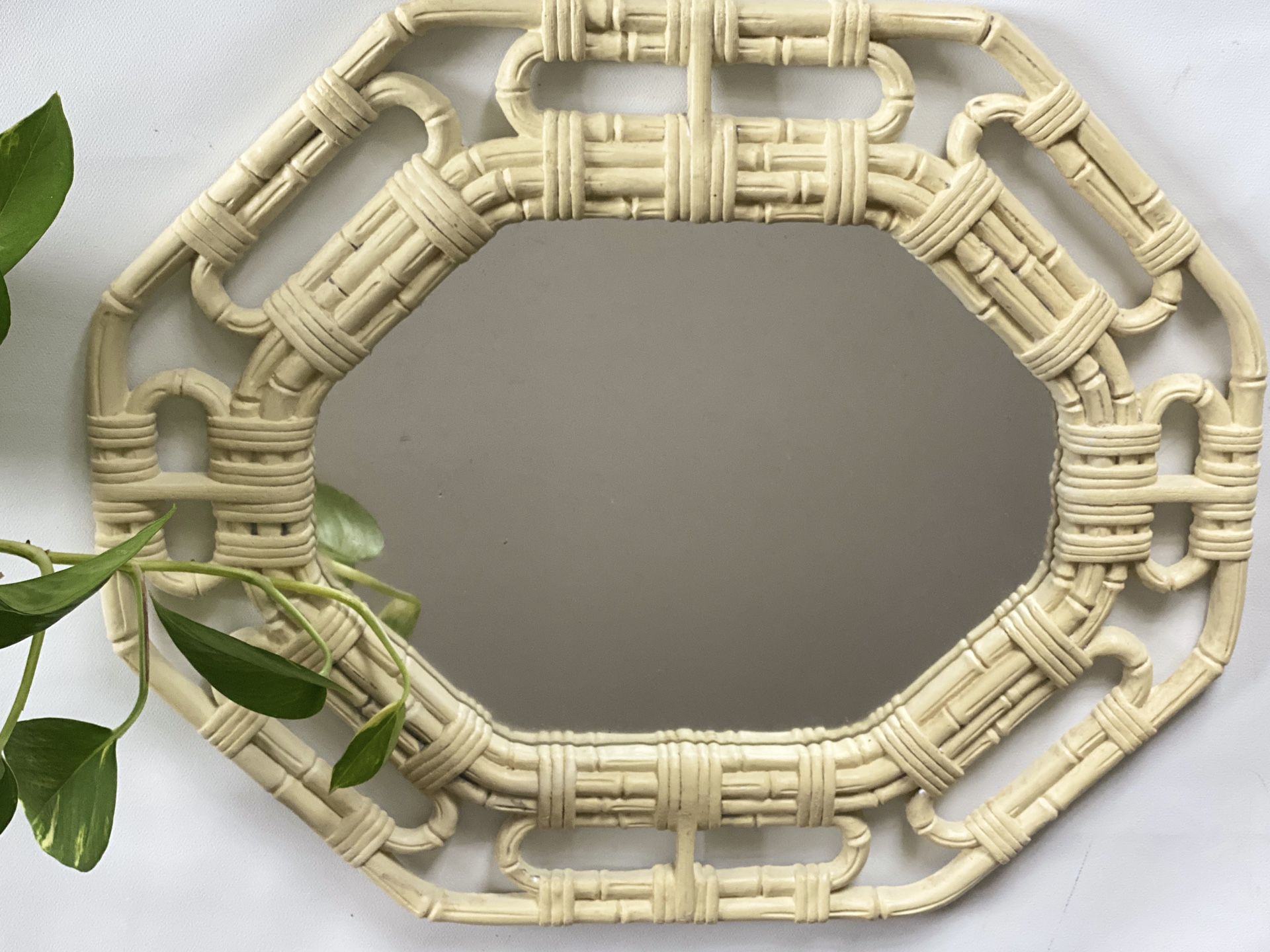 Vintage 70s Decorative Wall Mirror / mirror tray Plastic Faux Wicker Style Mirror Made In USA 17x14