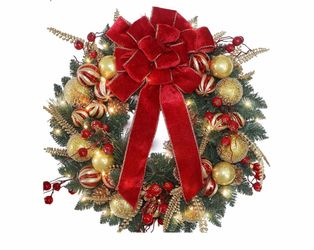 Chrisxiao 24 Inch Christmas Wreath for Front Door,with 50 LED Pre lit Christmas Wreaths with Golden Balls, Red Berries and Red Bow, for Home, Indoor, 