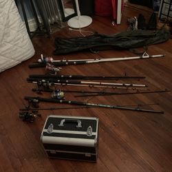 7 Fishing Rods, Reals, Tackle Box, and bag