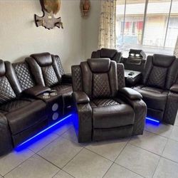 Hermosa Sala Piel Set 3 Pz Reclinables Bocinas Bluetooth Led Cargador Para Telefono Almacén Envíos Hoy Solo Cash