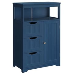 Bathroom Floor Cabinet, Free Standing Wooden Storage Organizer Multiple Tiers Storage Living Room Cabinet, Navy Blue