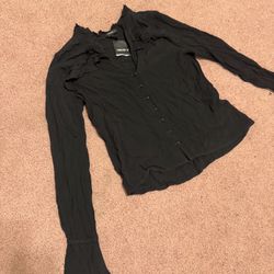 New small black long sleeve shirt top blouse button ruffle goth gothic career