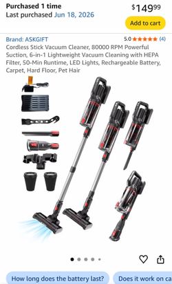 Cordless Stick Vacuum Cleaner, 80000 RPM Powerful Suction, 6-in-1 Lightweight Vacuum Cleaning with HEPA Filter, 50-Min Runtime, LED Lights, Rechargeab