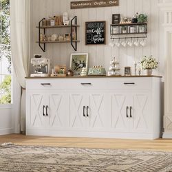 71"W Farmhouse Kitchen Sideboard Buffet Cabinet with Storage, White Large Coffee Bar Cabinet with 3 Wide Drawers, Long Buffet Table with Shelves, Kitc