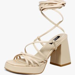 Adorose Womens Strappy Heels Lace Up Chunky Beige Heel Sandals 