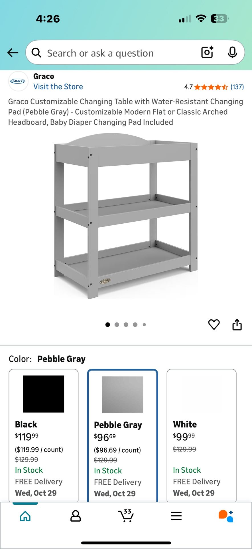 Grey Changing Table, With Changing Pad And Cover