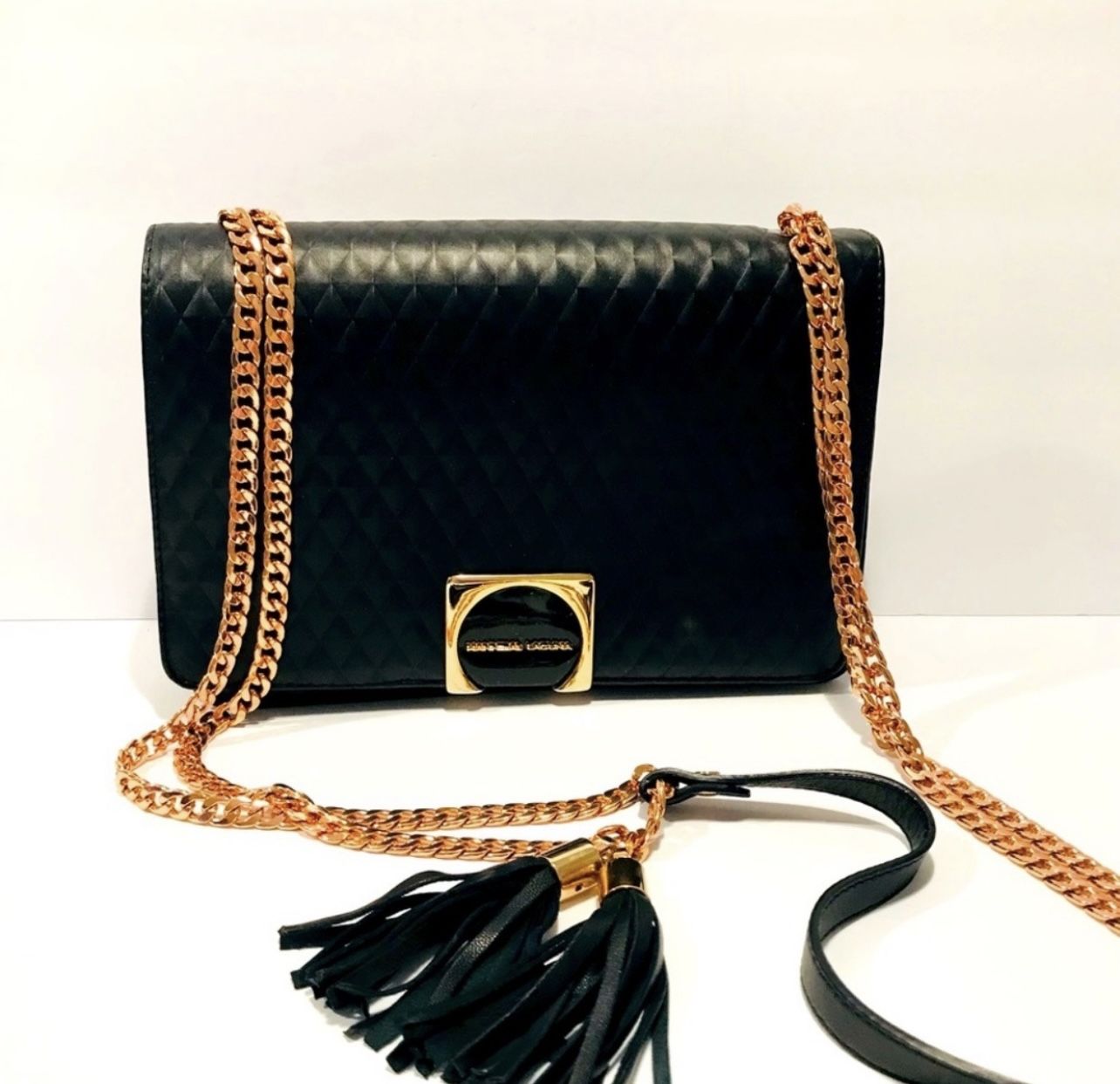 Hannibal Laguna Black Quilted Leather Bronze Metal Chain Straps