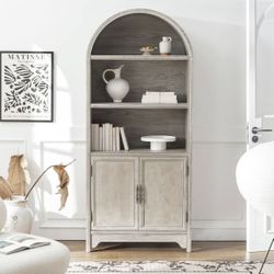 71"  Arched Storage Cabinet | Freestanding Pantry with Doors | Vintage Bookcase for Kitchen, Living Room, Home Office | Natural Wood Veneers