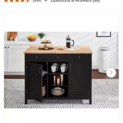 Bainport Black Wooden Kitchen Island with Natural Butcher Block Top and Storage (48" W)