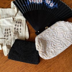 Vintage Items lot Sales: Beaded Purses , Leather Wedding Gloves & Fan