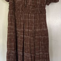 Brown Midi Sundress with Puff Sleeves and V-Neck