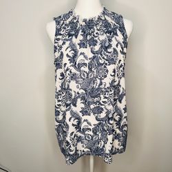 Paisley Printed Blouse Shirt White And Blue Tank Top Size Medium