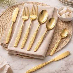 Vintage 1970s Electroplated Gold-Tone Stainless Steel Flatware Set, 50 Pieces