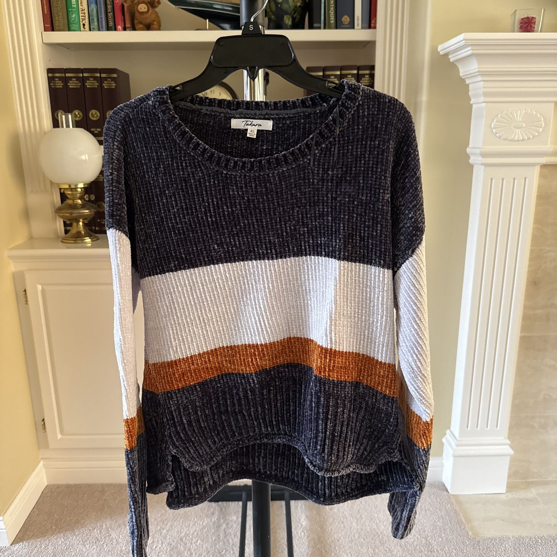 Takara Women's color block striped chenille sweater in gray, orange, & white