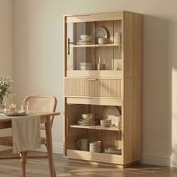 69" Tall Kitchen Pantry, Modern Farmhouse Fluted Kitchen Storage Cabinet with Sliding Glass Doors, Adjustable Shelves & Drawer, Freestanding Cupboard 
