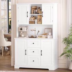 68" Pantry Cabinet with Doors and Shelves, Kitchen Pantry Storage Cabinet with Microwave Stand, Farmhouse Kitchen Hutch with Storage Drawers for Livin