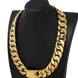 New Mens Huge Heavy Chain Gold Finish 316L Stainless Steel  32mm Wide 22 Inch Cuban Hip Hop Necklace