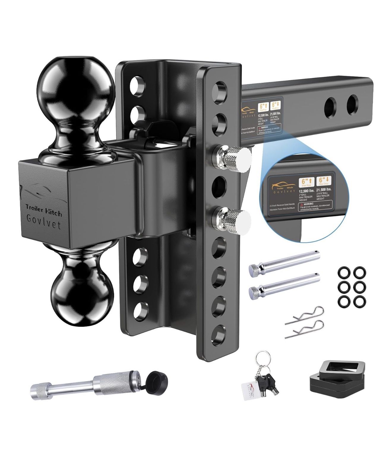 Adjustable Trailer Hitch -Drop Hitch (Fits 2-Inch Receiver) - Heavy Duty Tow Hitch with 6-Inch Drop/Rise, 2" & 2-5/16" Ball Hitches for Truck (21,500 