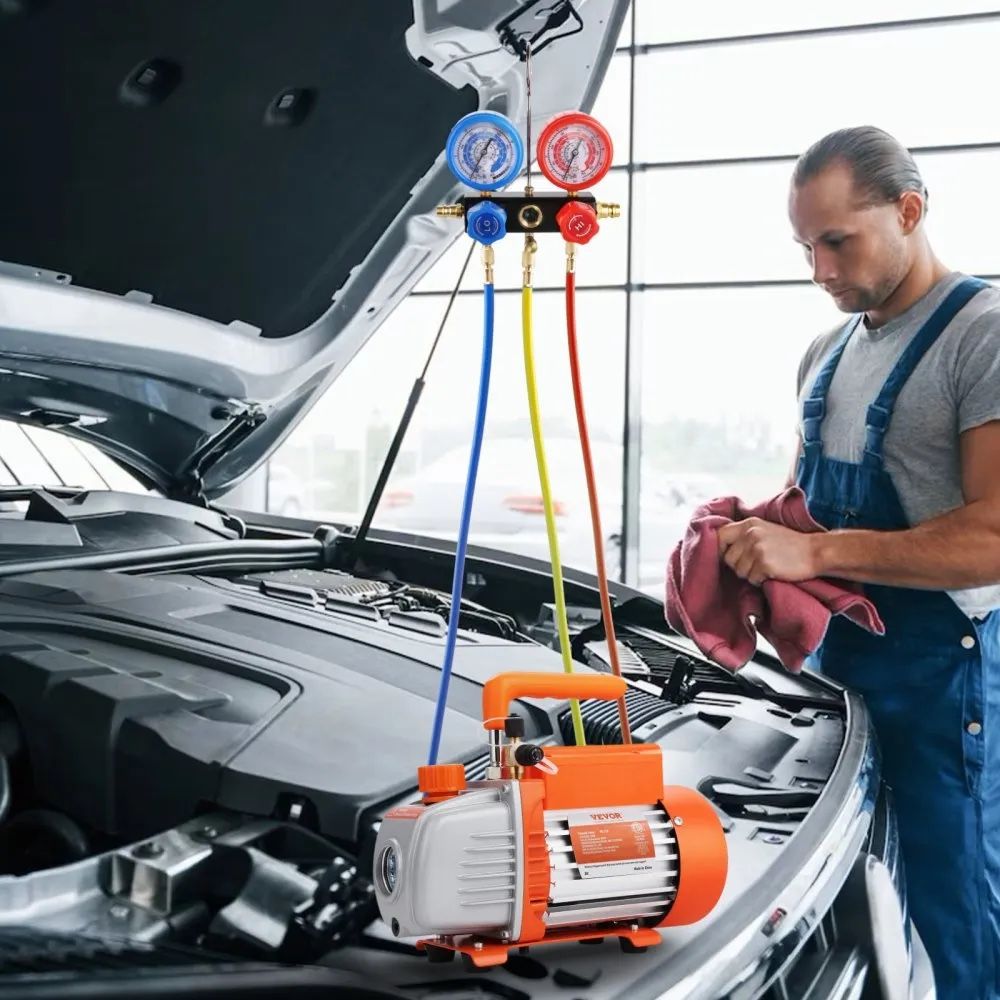 HVAC Air Vacuum Pump 1/4 HP 4.5 CFM AC Vacuum Pump Gauge Set 1-Stage Rotary Vane with Hose Carry Bag