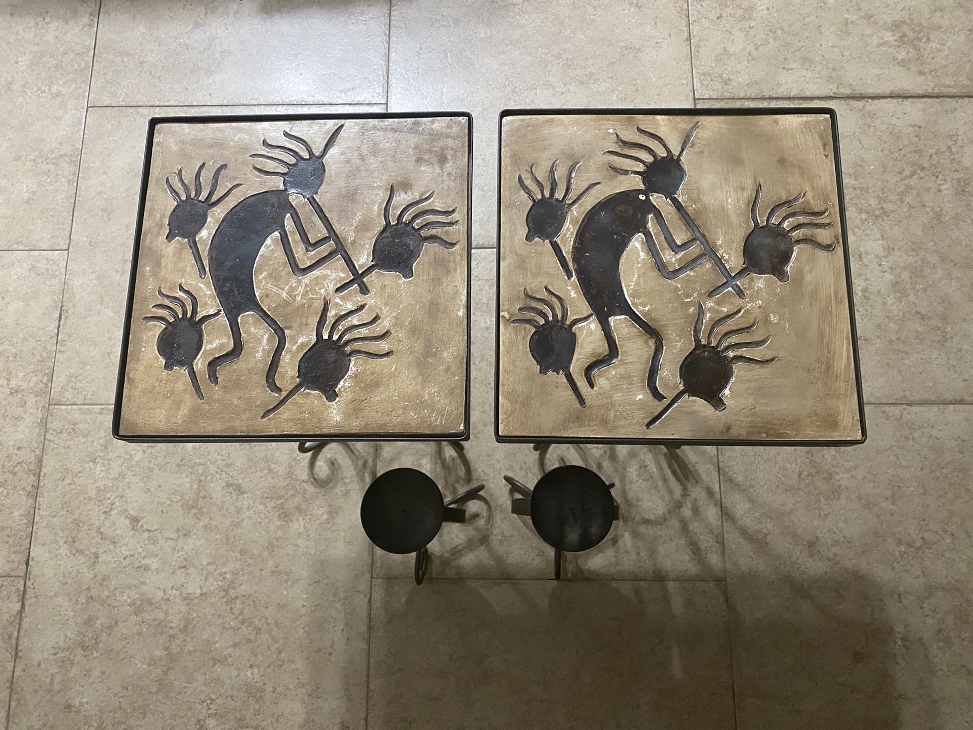 Set Of 2 Kokopelli End Tables & Candle Holders 