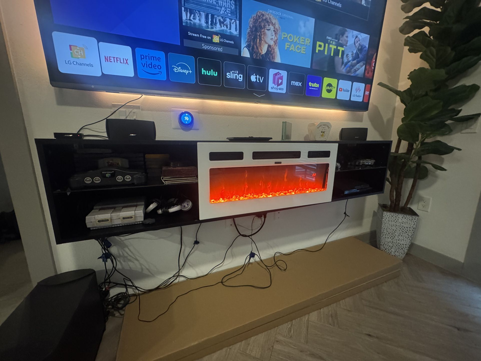 70” Hanging Tv Stand W / Working multicolor Fireplace
