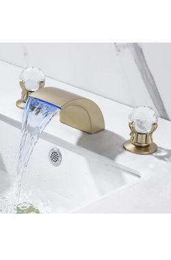 LED Waterfall Bathroom Faucet 3 Holes Widespread 8 Inch Sink Faucet with Dual Crystal Knobs Handles Waterfall Basin Mixer Tap Solid Brass Lavatory Sin